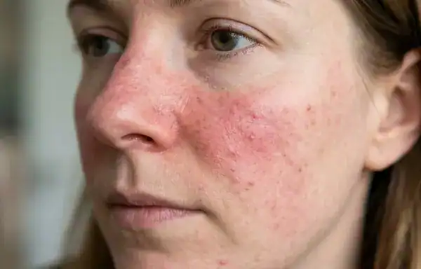 woman with symptoms of rosacea on face