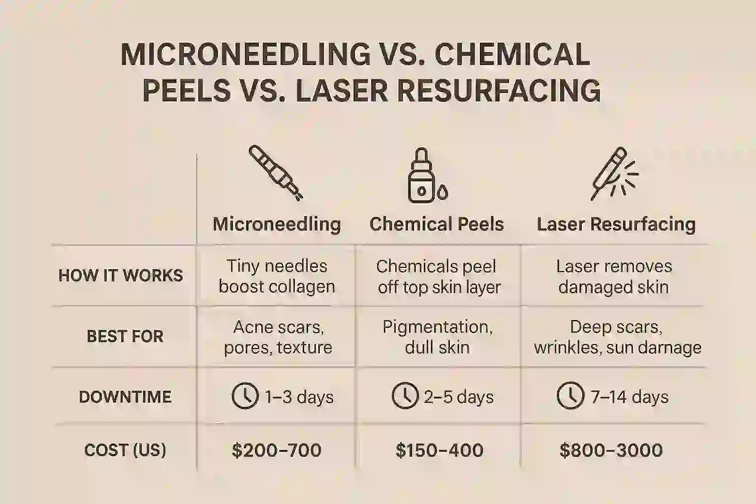microneedling vs chemical peel vs laser resurfacing