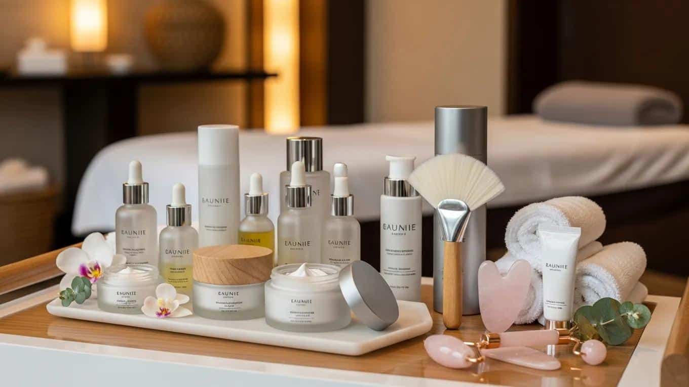 Display of luxury skincare products used in high-end facials in a calming spa setting