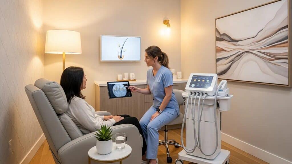 Luxurious aesthetic clinic environment for non-surgical hair restoration treatments