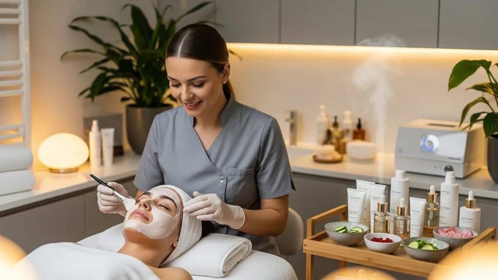 Luxurious facial treatment in a serene spa environment with high-end skincare products