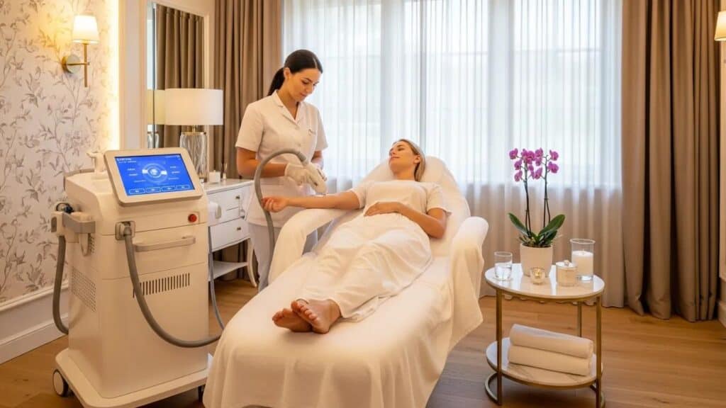 Luxurious laser hair removal clinic with a client receiving treatment