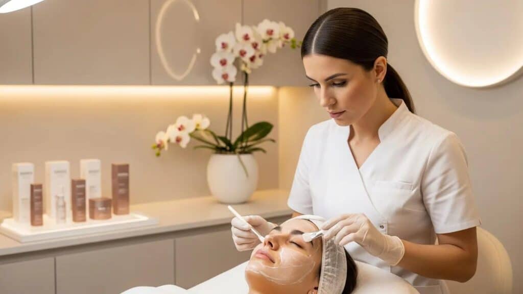 Luxury aesthetic clinic environment with a patient receiving a chemical peel treatment