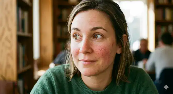 young woman dealing with rosacea on the face