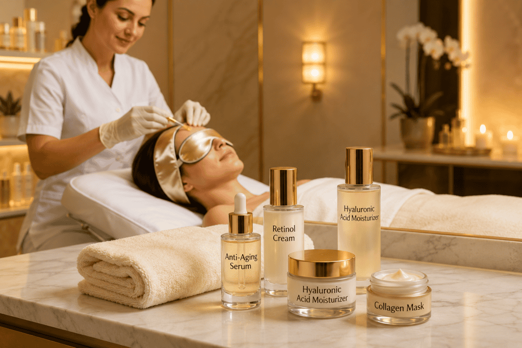 Luxury spa facial treatment featuring premium anti-aging skincare products, including retinol cream, hyaluronic acid moisturizer, collagen mask, and serum, while a client relaxes during a professional facial.