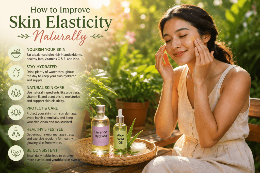 Woman applying natural skincare products outdoors in a lush garden setting, featuring aloe vera extract and lavender infusion as part of a holistic skincare routine.
