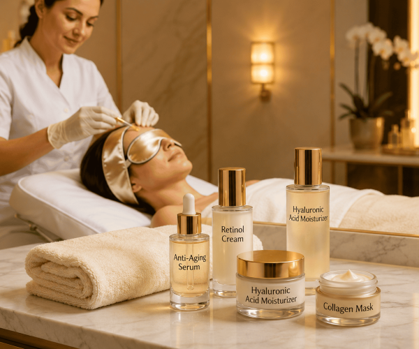 Luxury spa facial treatment featuring premium anti-aging skincare products, including retinol cream, hyaluronic acid moisturizer, collagen mask, and serum, while a client relaxes during a professional facial.