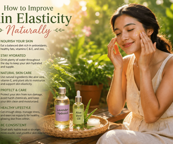 Woman applying natural skincare products outdoors in a lush garden setting, featuring aloe vera extract and lavender infusion as part of a holistic skincare routine.