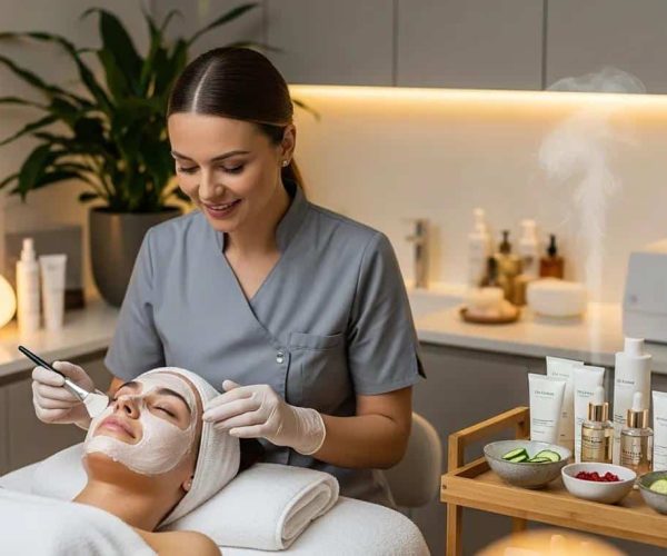 Luxurious facial treatment in a serene spa environment with high-end skincare products