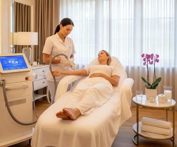 Luxurious laser hair removal clinic with a client receiving treatment