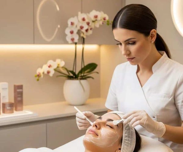 Luxury aesthetic clinic environment with a patient receiving a chemical peel treatment
